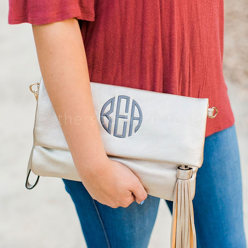 gold monogrammed gift clutch