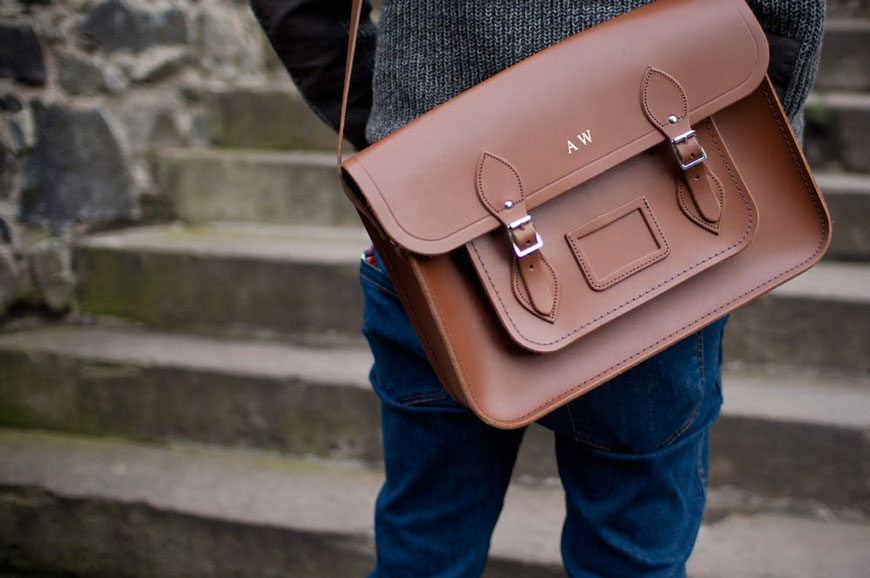 monogrammed brown leather messenger bag