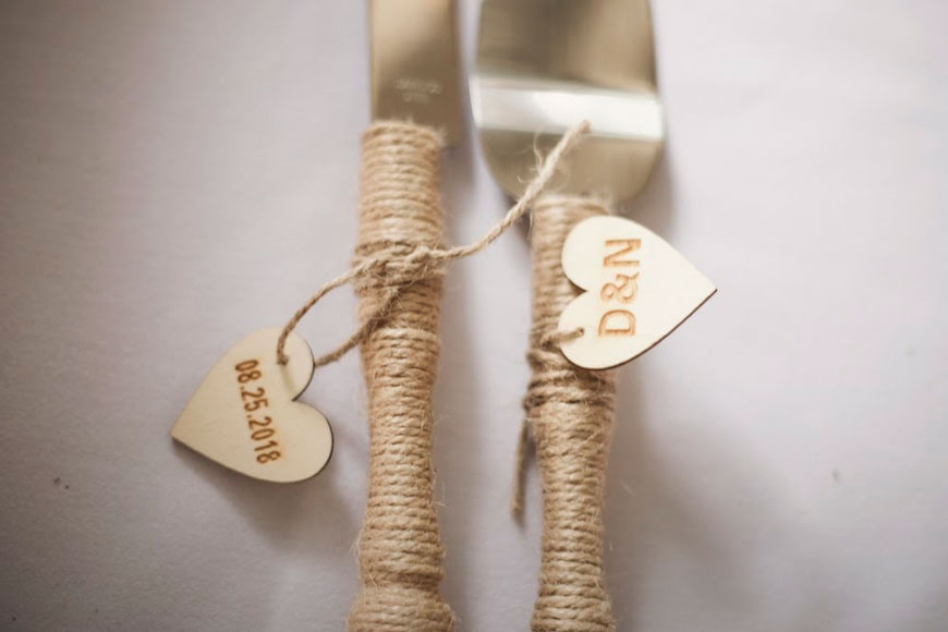 monogrammed wooden labels on silverware