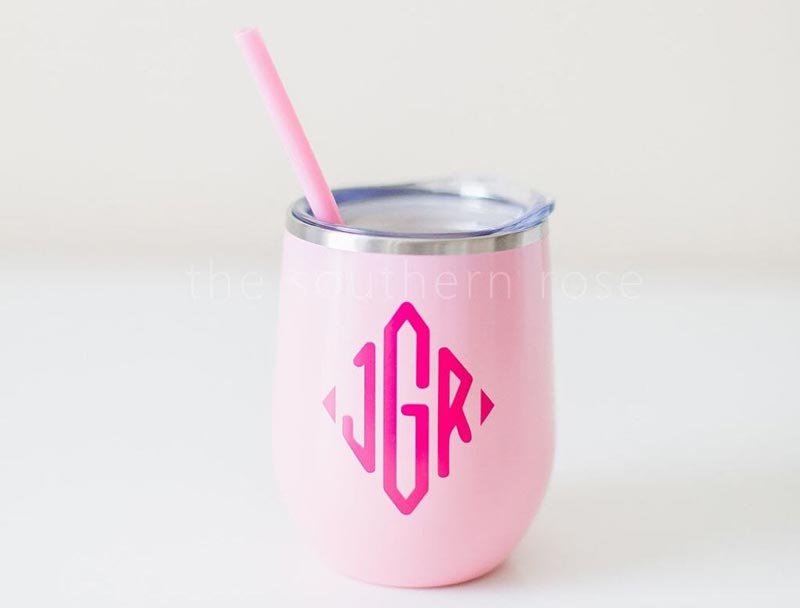 Pink Monogrammed wine glass that makes a unique personalized gift
